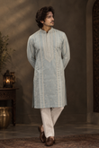 Ice Blue Embroidered Kurta Set With Ivory Trousers