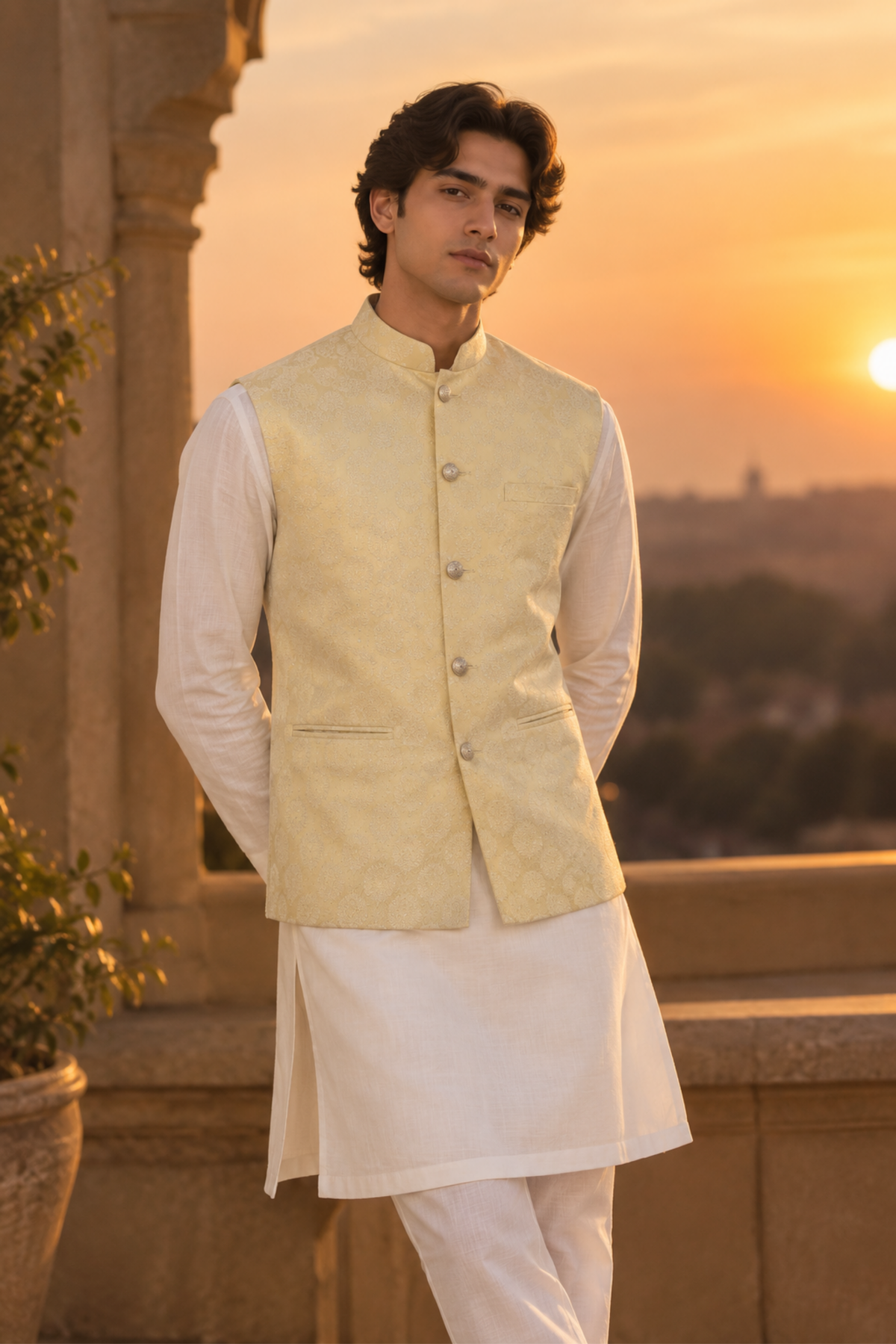 Ivory Textured Kurta Set With Embroidered Waistcoat