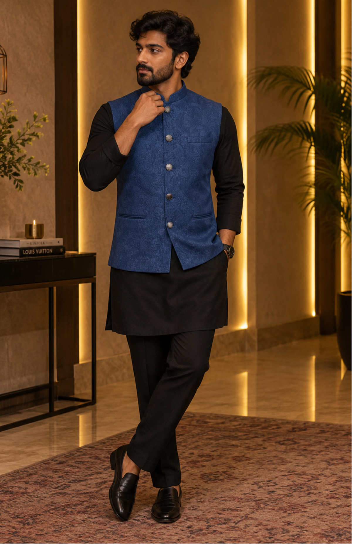 Midnight Blue Textured Nehru Jacket With Black Kurta Set