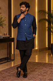Midnight Blue Textured Nehru Jacket With Black Kurta Set
