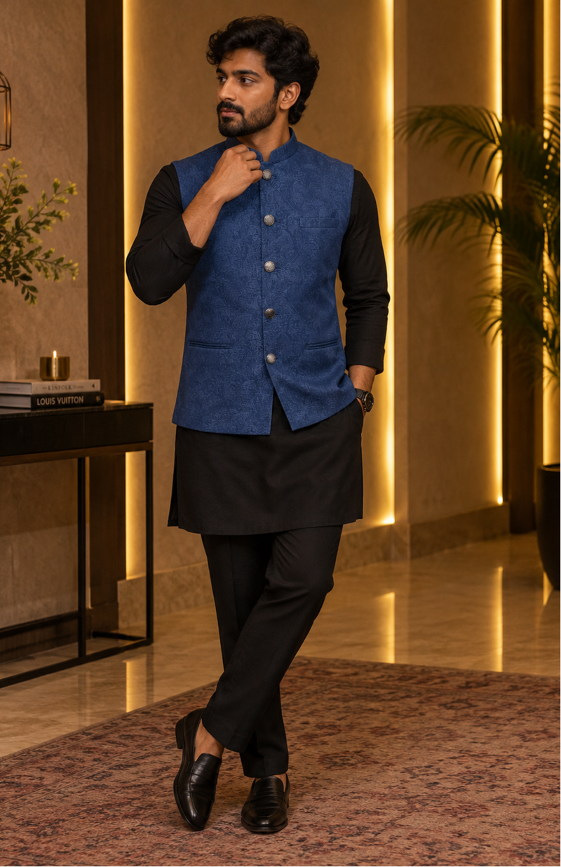 Midnight Blue Textured Nehru Jacket With Black Kurta Set
