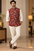 Maroon Printed Nehru Jacket With Ivory Kurta Set