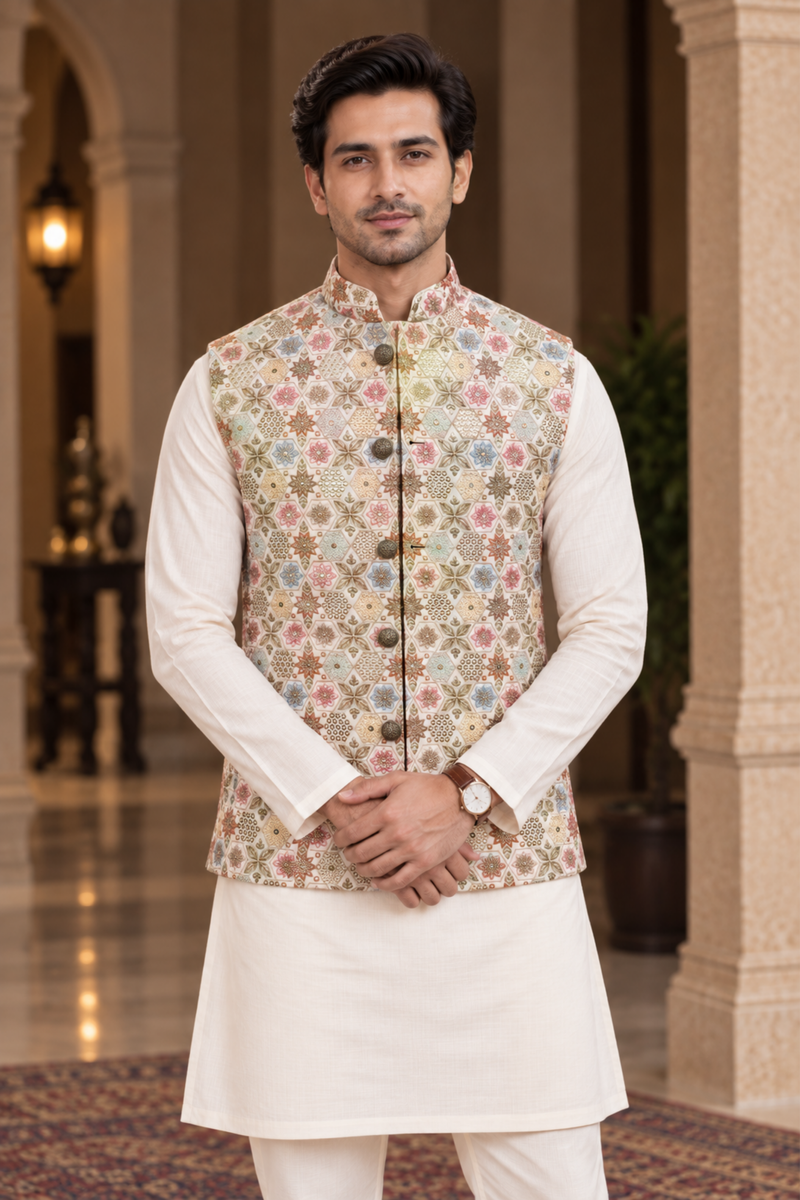 Ivory Floral Printed Nehru Jacket With Kurta Set