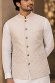 Pearl White Textured Nehru Jacket With Kurta Set