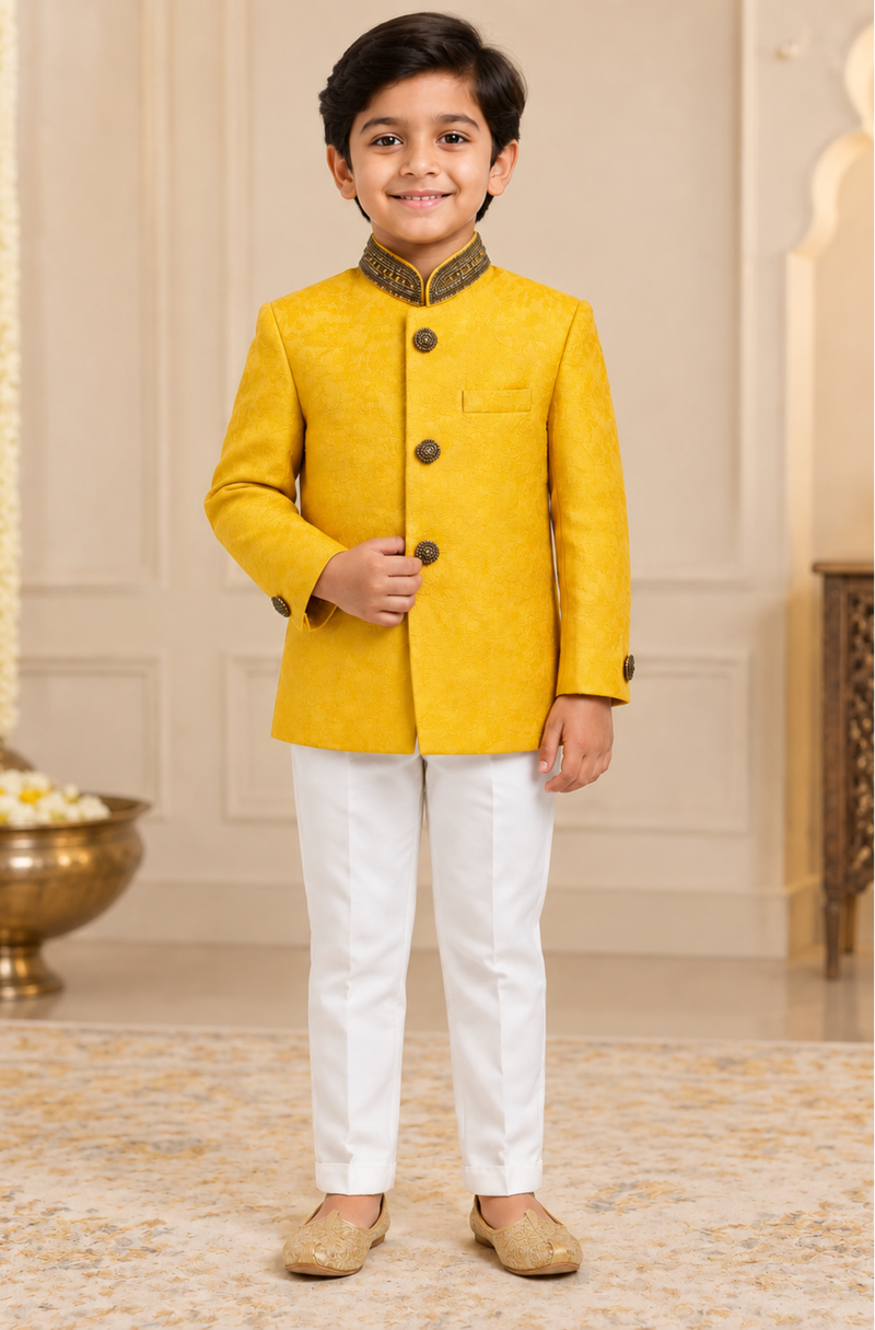 Mustard Yellow Textured Bandhgala Jacket With Ivory Trousers