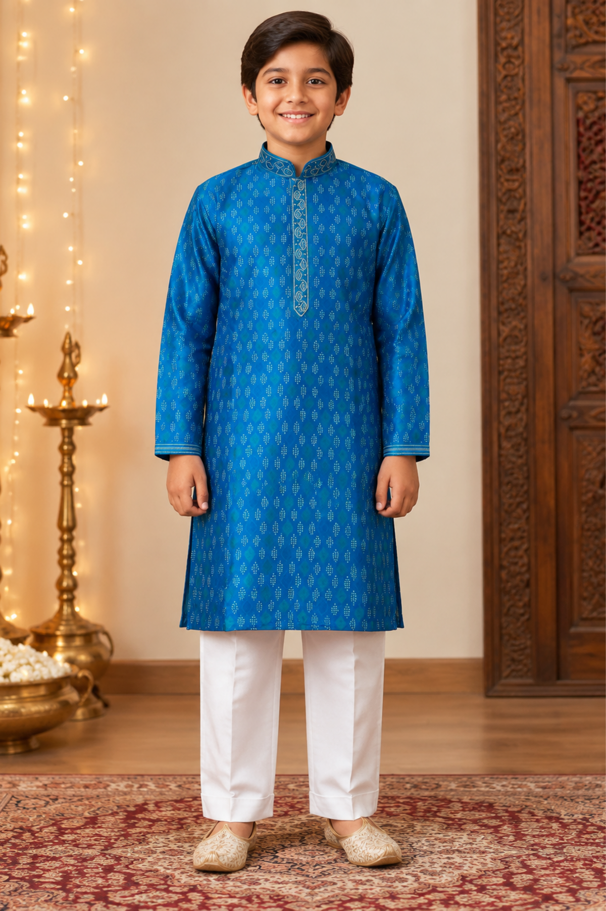 Royal Blue Jacquard Kurta Set With Ivory Trousers
