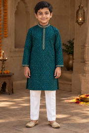 Deep Teal Embellished Kurta Set For Boys