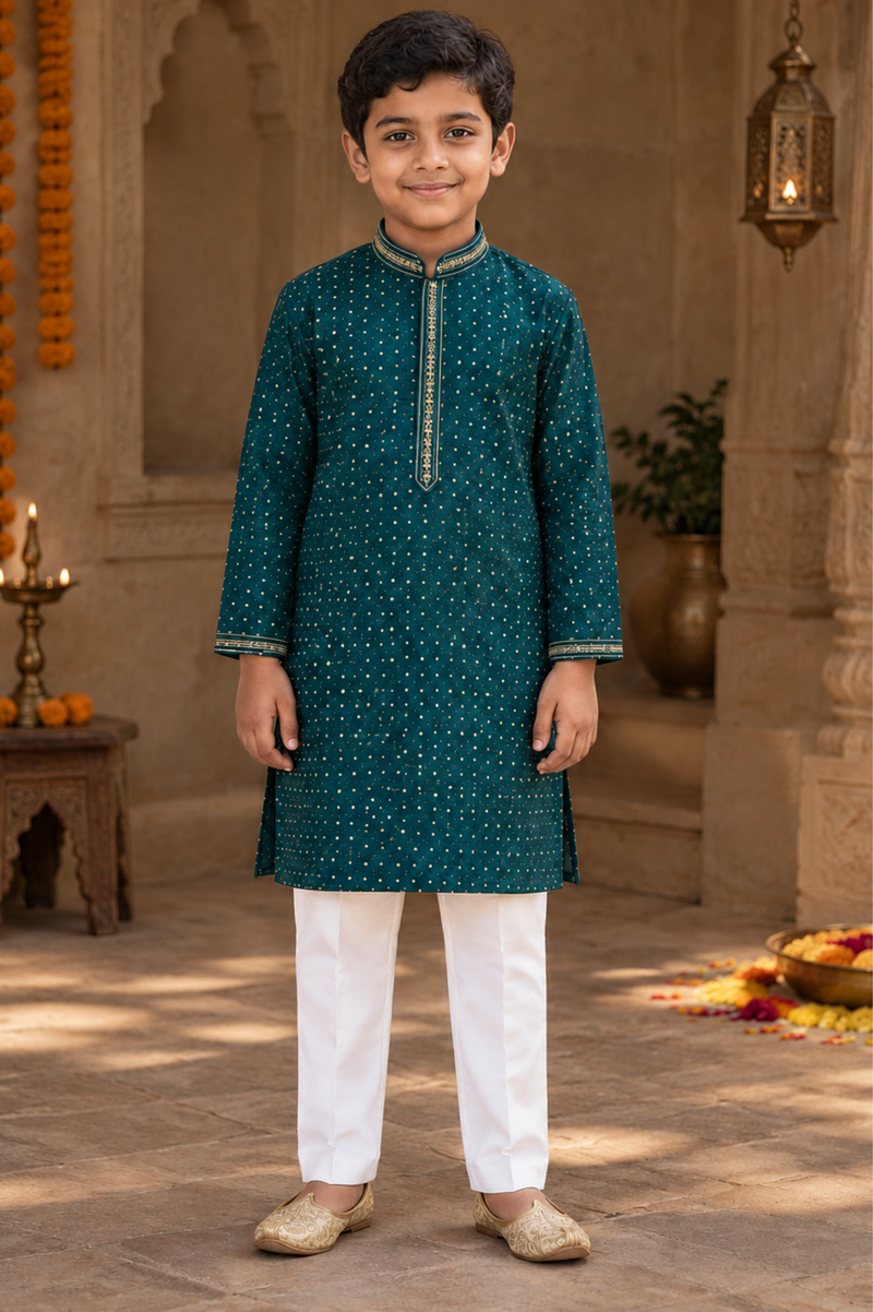 Deep Teal Embellished Kurta Set For Boys