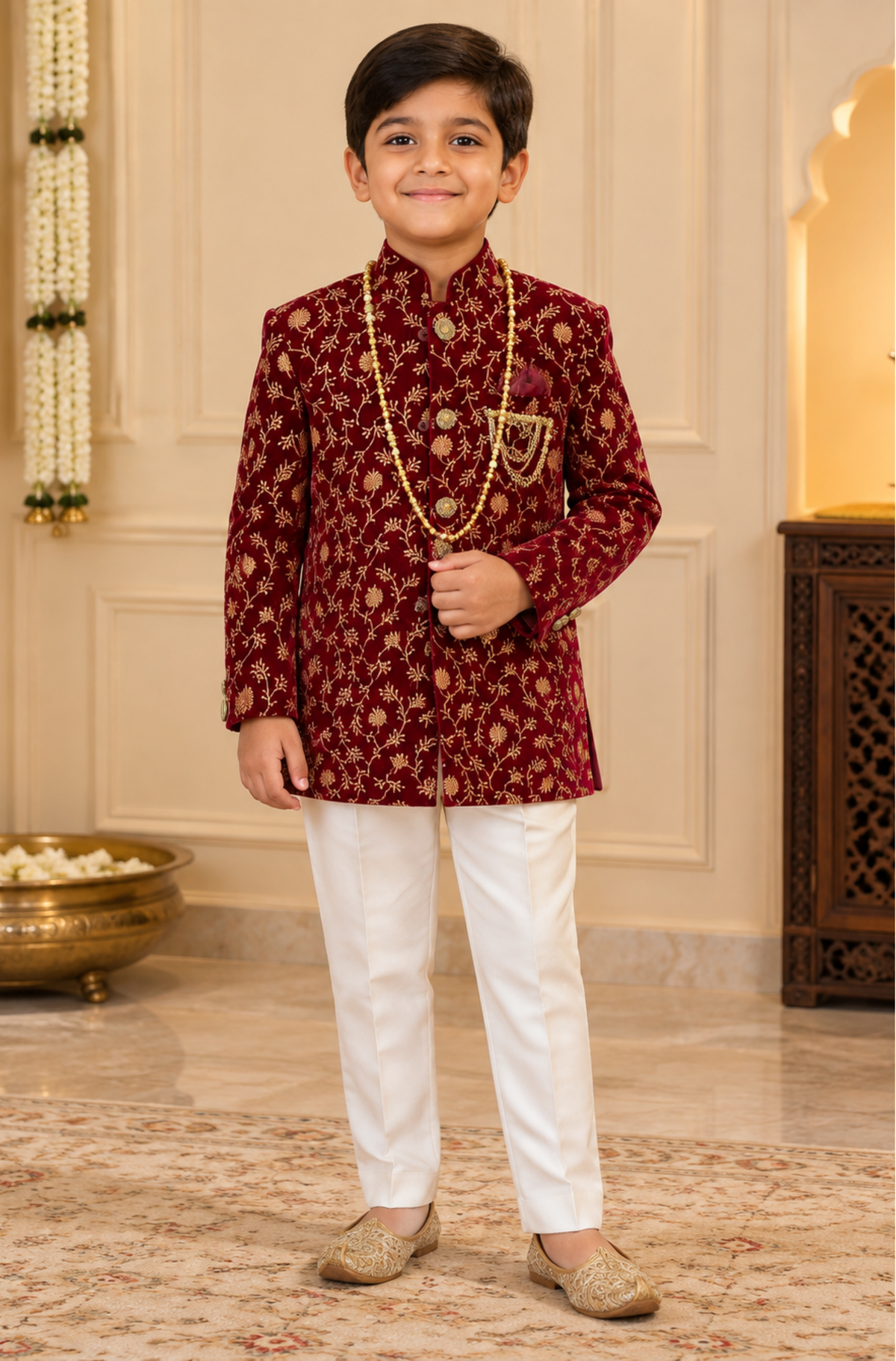Maroon Floral Embroidered Bandhgala Set With Ivory Trousers