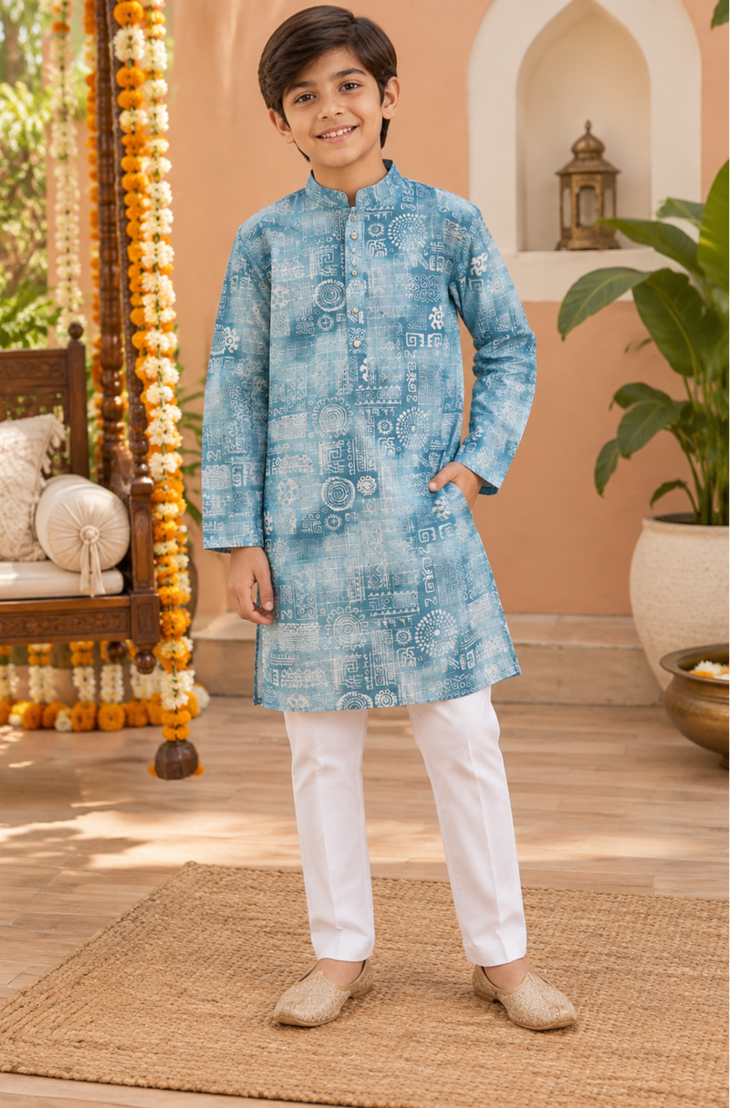 Sky Blue Printed Kurta Set With Ivory Trousers