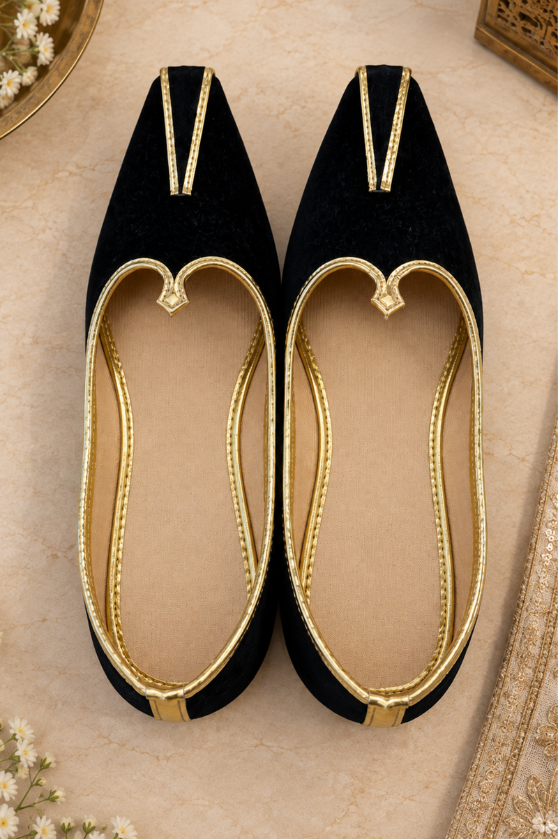 Black Velvet Juttis With Gold Piping