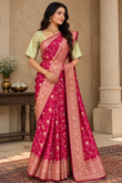 Rose Pink Floral Woven Saree With Gold Border