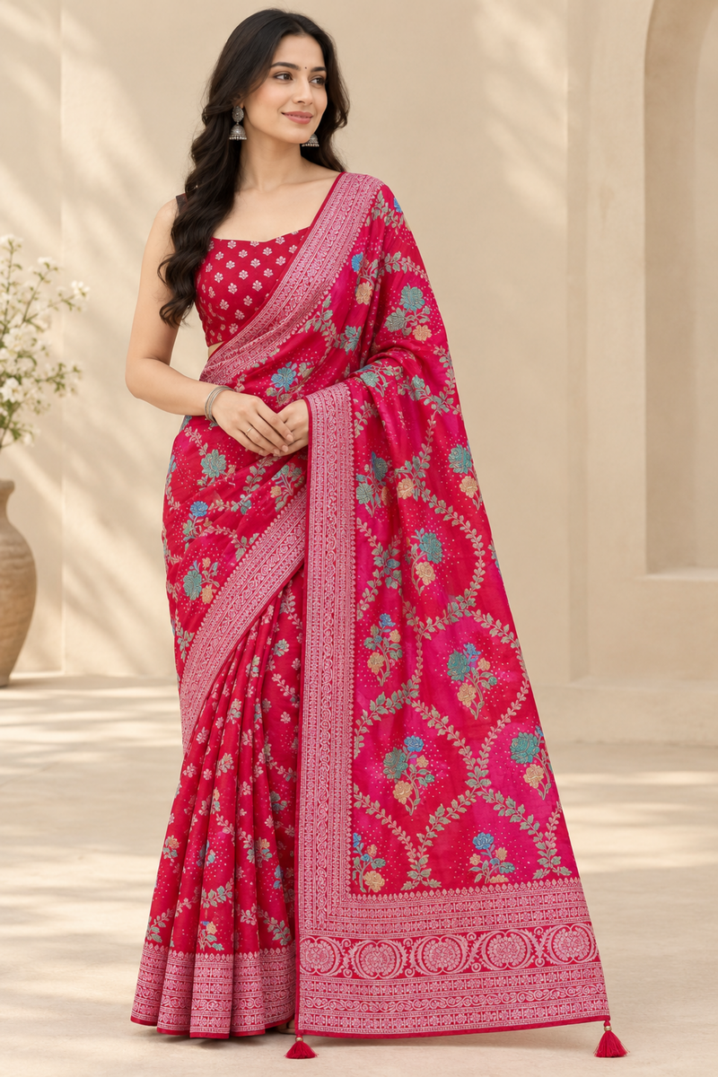 Vibrant Rose Floral Printed Saree With Embroidered Border