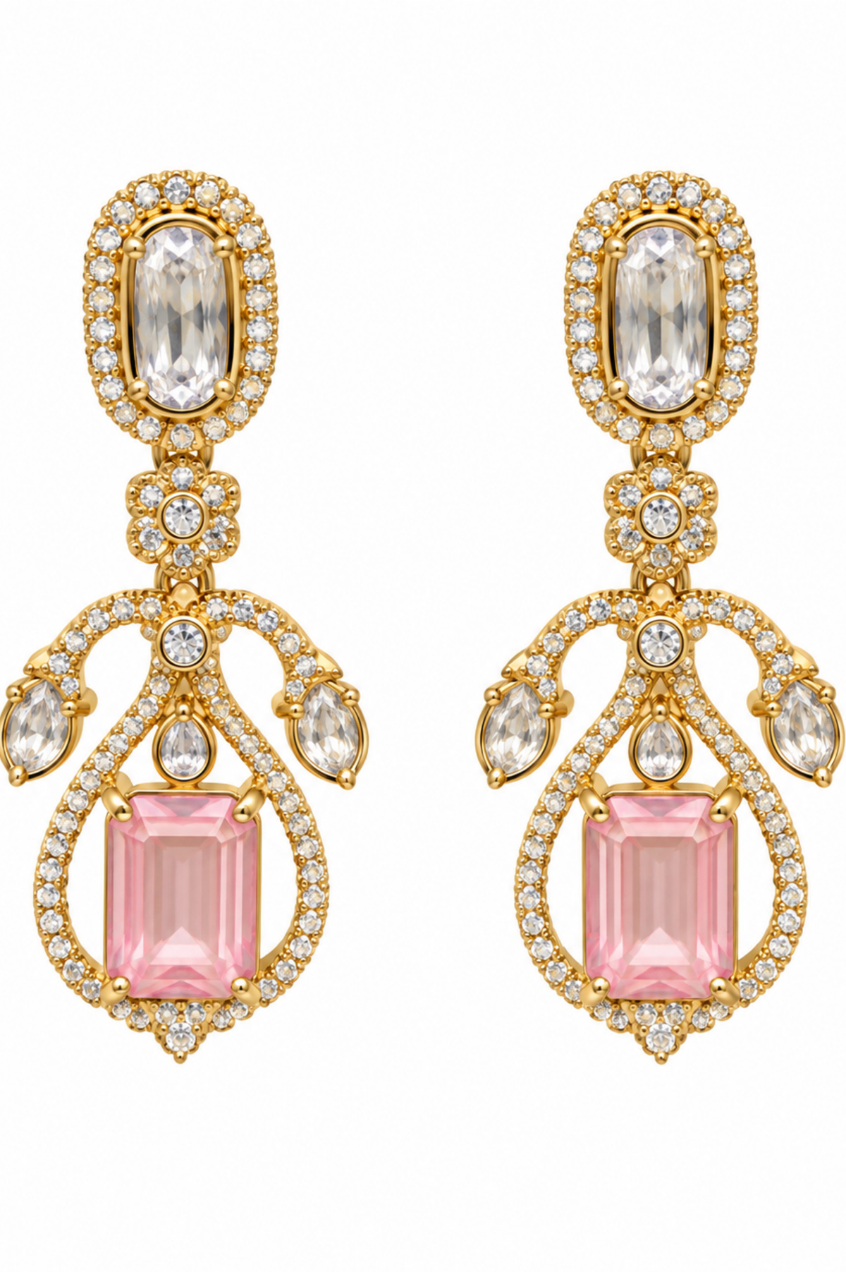 Elegant Gold-Tone Pink Crystal Drop Earrings