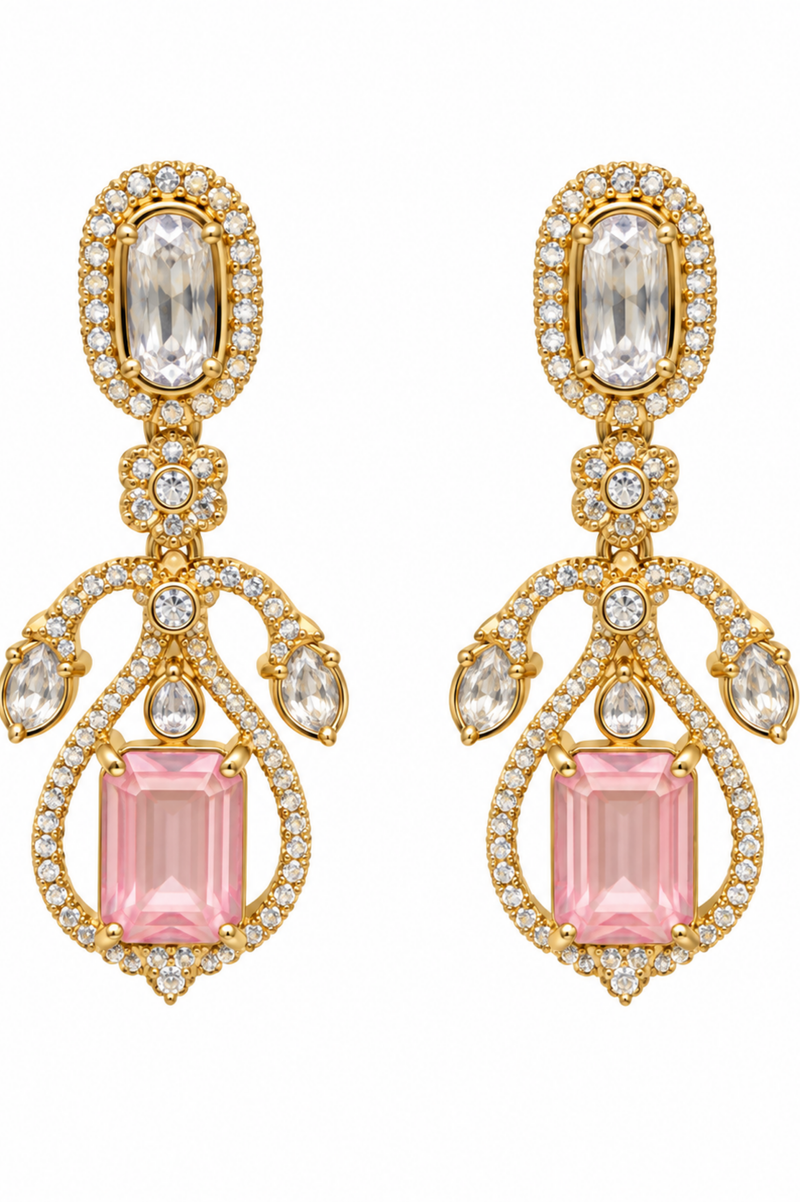 Elegant Gold-Tone Pink Crystal Drop Earrings