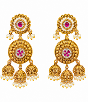 Traditional Gold-Plated Kundan Jhumka Earrings with Pink Stone Detailing