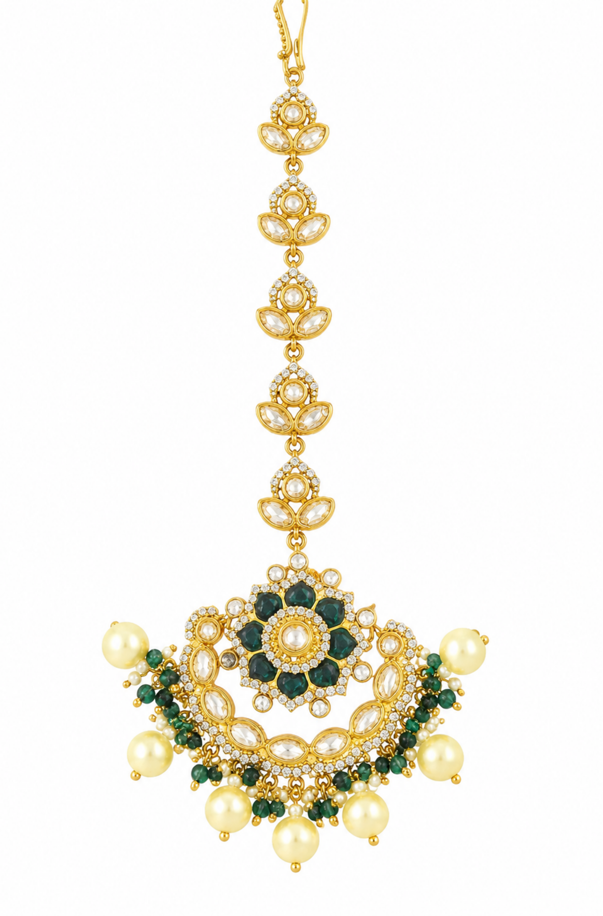 Elegant Gold-Tone Kundan Maang Tikka with Green Stones & Pearl Drops