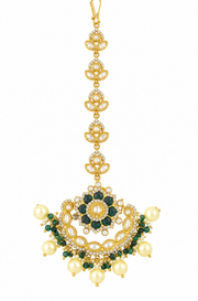 Elegant Gold-Tone Kundan Maang Tikka with Green Stones & Pearl Drops