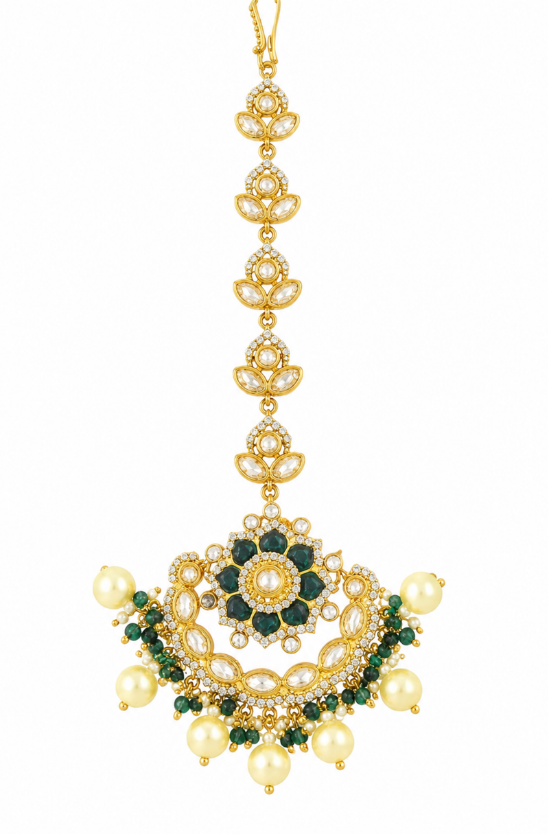 Elegant Gold-Tone Kundan Maang Tikka with Green Stones & Pearl Drops