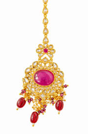 Elegant Gold-Tone Kundan Maang Tikka with Pink Stone & Red Beaded Drops