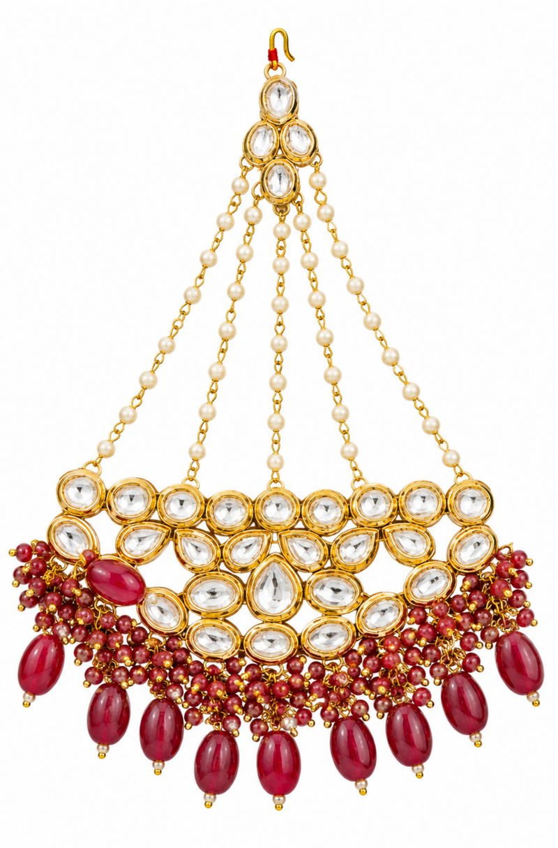 Elegant Gold-Tone Kundan Matha Patti with Pearl & Ruby Beaded Drops