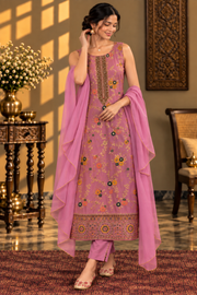 Mauve Floral Printed Kurta Set With Sheer Dupatta