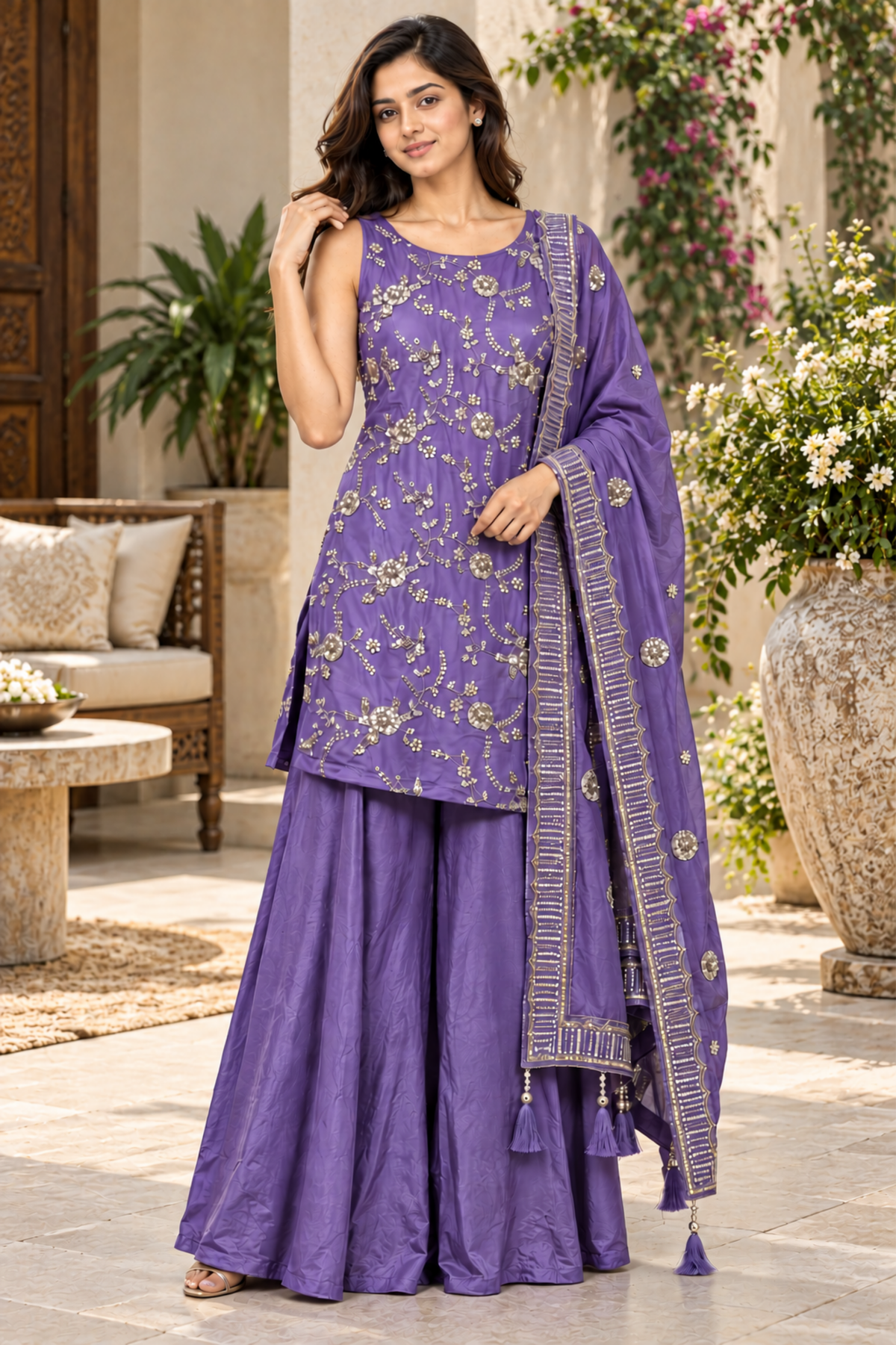 Purple Floral Embroidered Sharara Set With Dupatta
