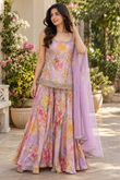 Lavender Floral Printed Lehenga Set With Sheer Dupatta
