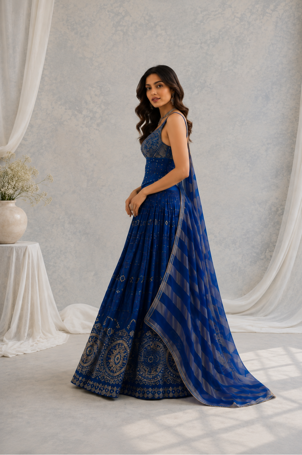 Royal Blue Embroidered Lehenga Set With Striped Dupatta