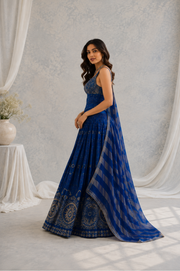 Royal Blue Embroidered Lehenga Set With Striped Dupatta