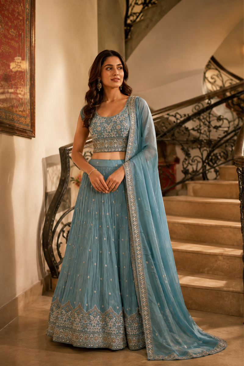 Dusty Blue Embroidered Lehenga Set With Dupatta