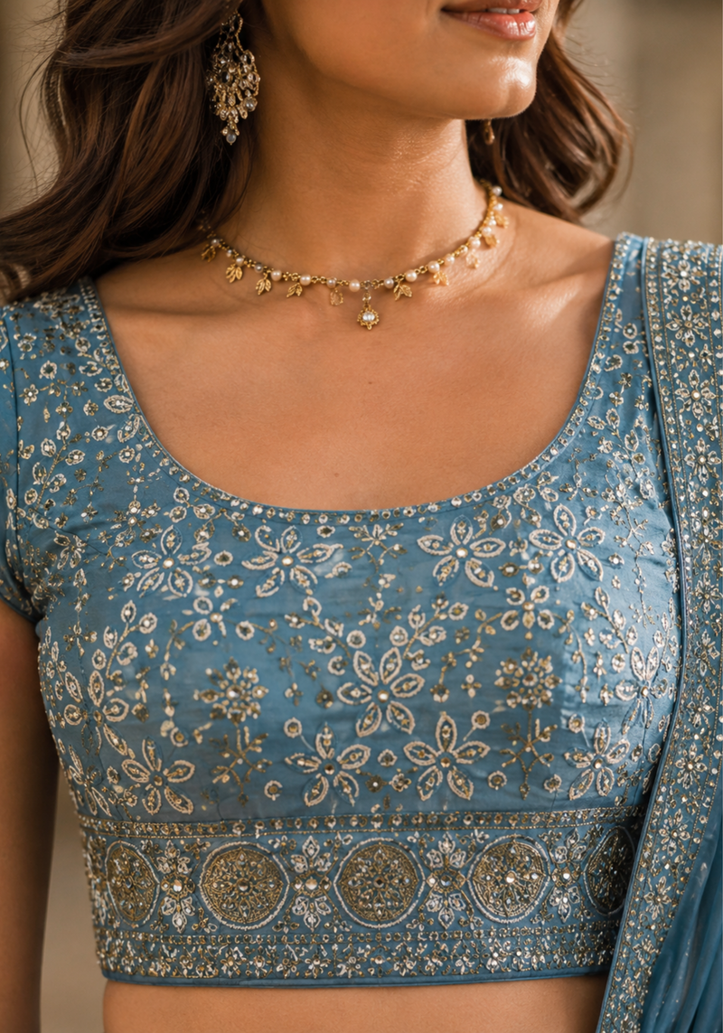 Dusty Blue Embroidered Lehenga Set With Dupatta