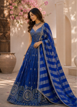Royal Blue Embroidered Lehenga Set With Striped Dupatta