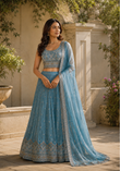 Dusty Blue Embroidered Lehenga Set With Dupatta