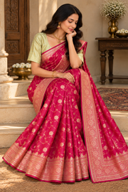 Rose Pink Floral Woven Saree With Gold Border