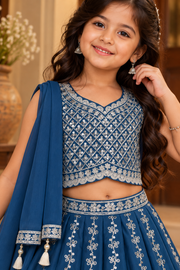 Royal Blue Embroidered Lehenga Choli Set for Girls with Dupatta