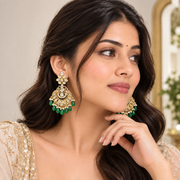 Gold-Plated Green Emerald Kundan Chandbali Earrings