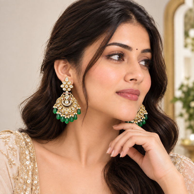 Gold-Plated Green Emerald Kundan Chandbali Earrings