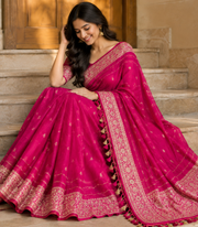 Pink Silk Saree With Intricate Gold Border
