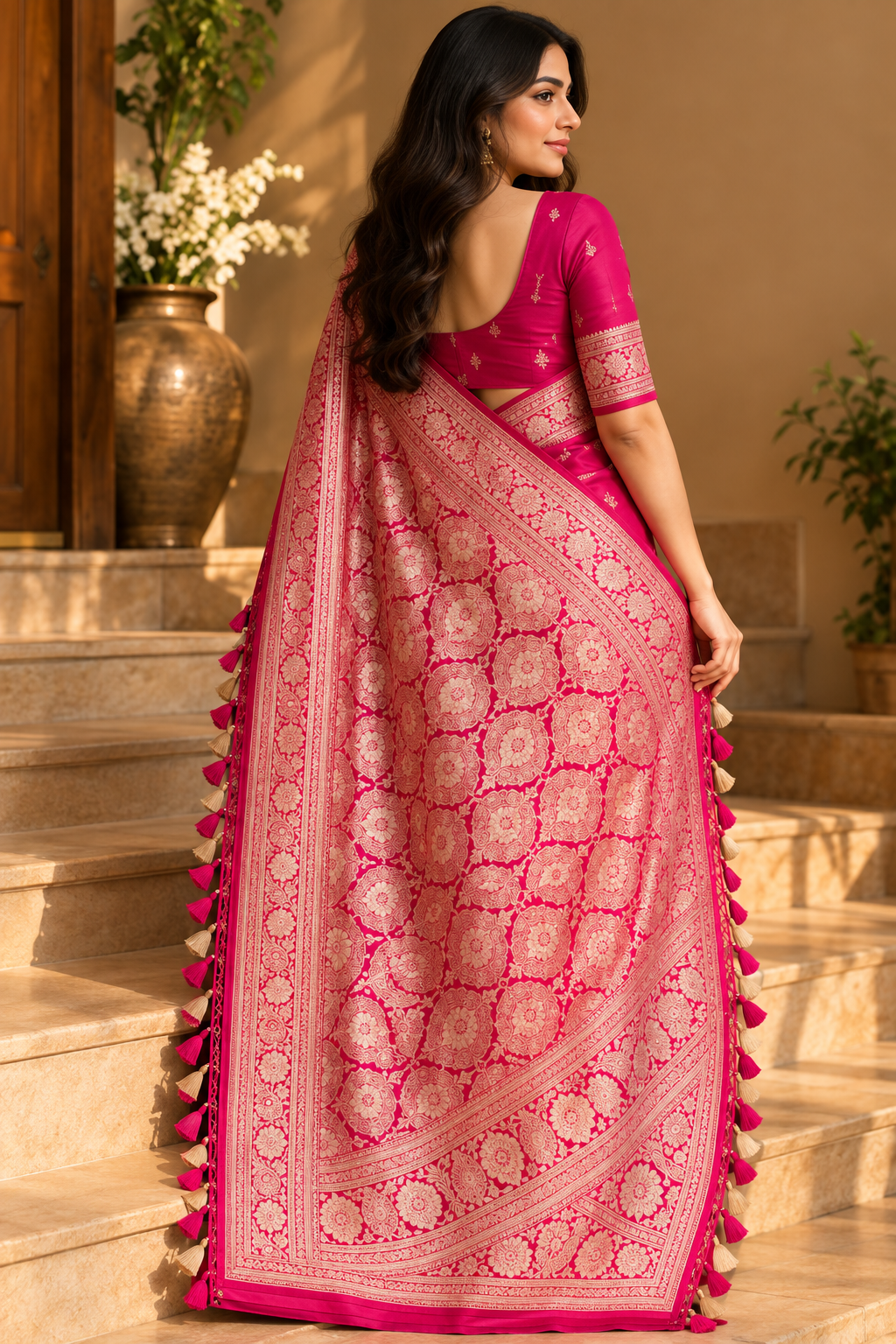 Pink Silk Saree With Intricate Gold Border