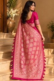 Pink Silk Saree With Intricate Gold Border